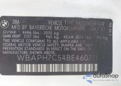 2011 BMW 328 I из США, поврежденный, VIN WBAPH7C54BE460711